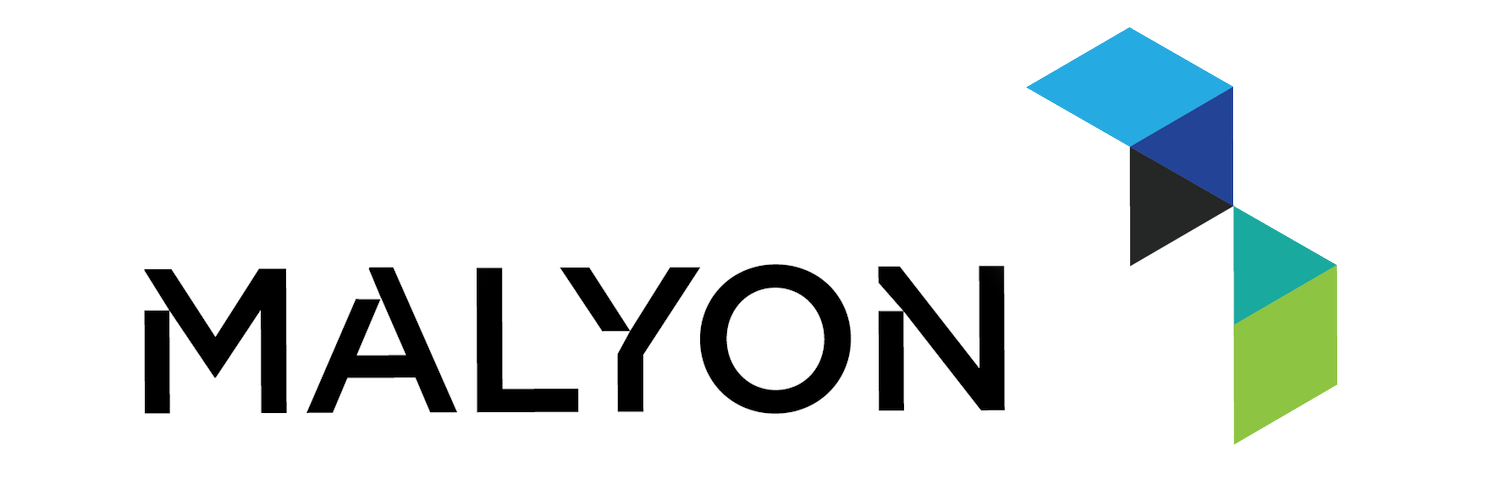 MALYON logo in black text with blue, black, and green geometric shapes