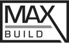 MAX BUILD logo in black and gray with angular roofline design