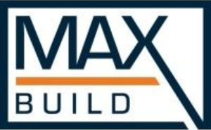 MAX BUILD logo in navy blue and orange on a white background