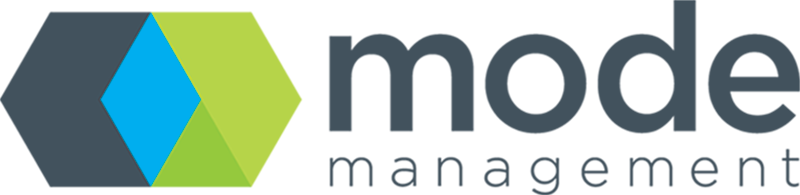 Mode Management logo with blue, green, and black hexagon icon beside gray text