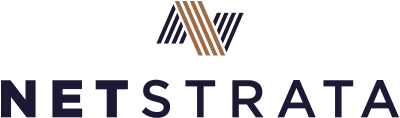 NETSTRATA logo with navy text and a stylized striped brown and navy mark above it