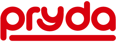 Red lowercase “pryda” logo in rounded red lettering with a red underline on a white background