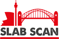 Red bridge and tower logo above bold gray text “SLAB SCAN” on white background