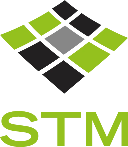 STM logo with green and black diamond shapes above the letters STM