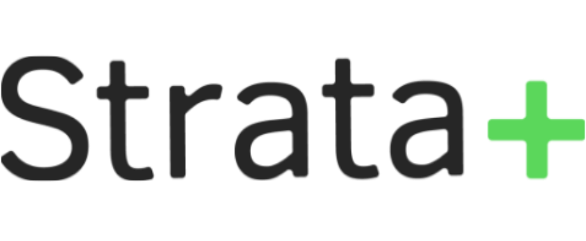 Strata+ logo with black text and a green plus sign