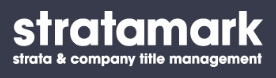Stratamark logo with white text on a dark blue background, reading “stratamark strata & company title management”