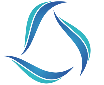 Abstract blue and teal circular logo made of three curved blades