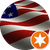 American flag within a sphere; small orange circle with six-pointed white star.