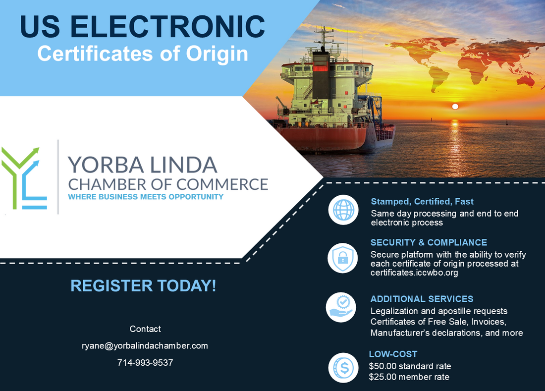 Flyer: Yorba Linda Chamber of Commerce, U.S. Electronic Certificates of Origin. Ship on ocean, world map sunset background.