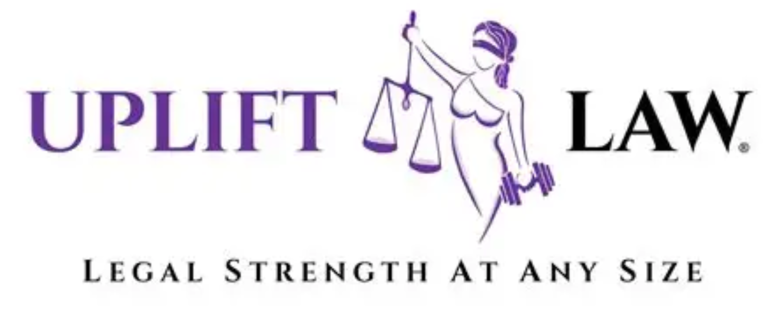 Logo for Uplift Law, featuring a blindfolded woman lifting weights and a scale. Purple text and lines, white background.