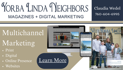 Advertisement for Yorba Linda Neighbors marketing: print, digital, online presence, and websites. Contact: Claudia Wedel.