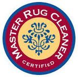 Master Rug Cleaner certified circular blue and red logo with yellow center emblem