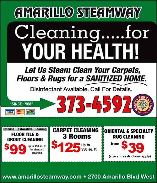 Amarillo Steamway ad for carpet, floor, and rug cleaning with phone number and price specials