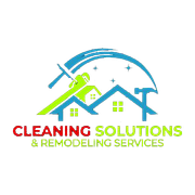 Logo for Cleaning Solutions & Remodeling Services with house, roof, brush, and hammer icons in blue, green, and red