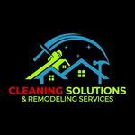 Logo for Cleaning Solutions & Remodeling Services with house, roof, brush, and hammer icons in blue, green, and red