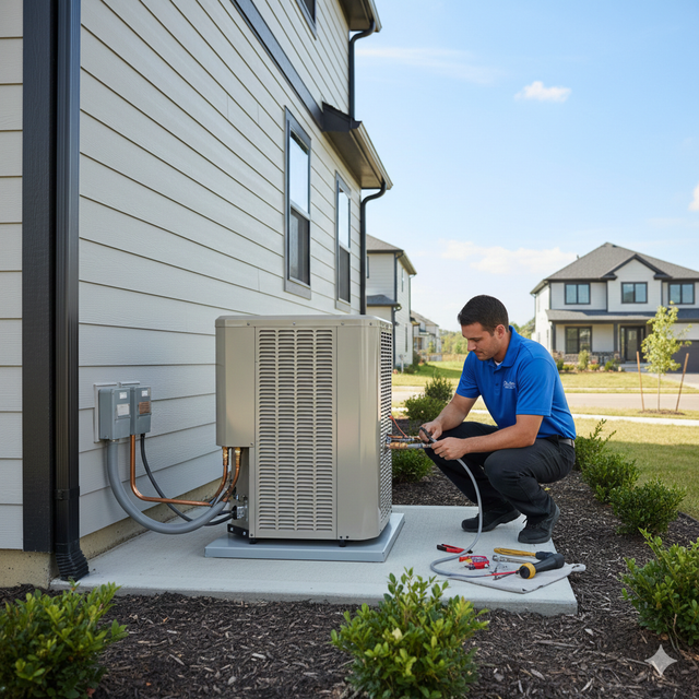 HVAC technician repairs an air conditioning unit outside a house on a sunny day.
