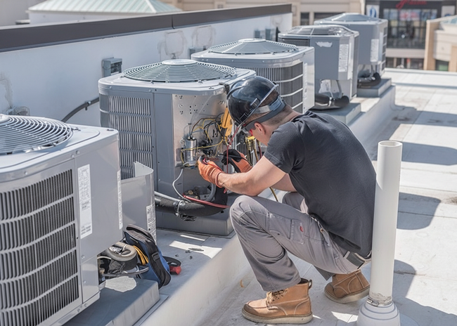 HVAC technician works on rooftop AC unit, wearing hard hat and gloves. Grey units, tools nearby.
