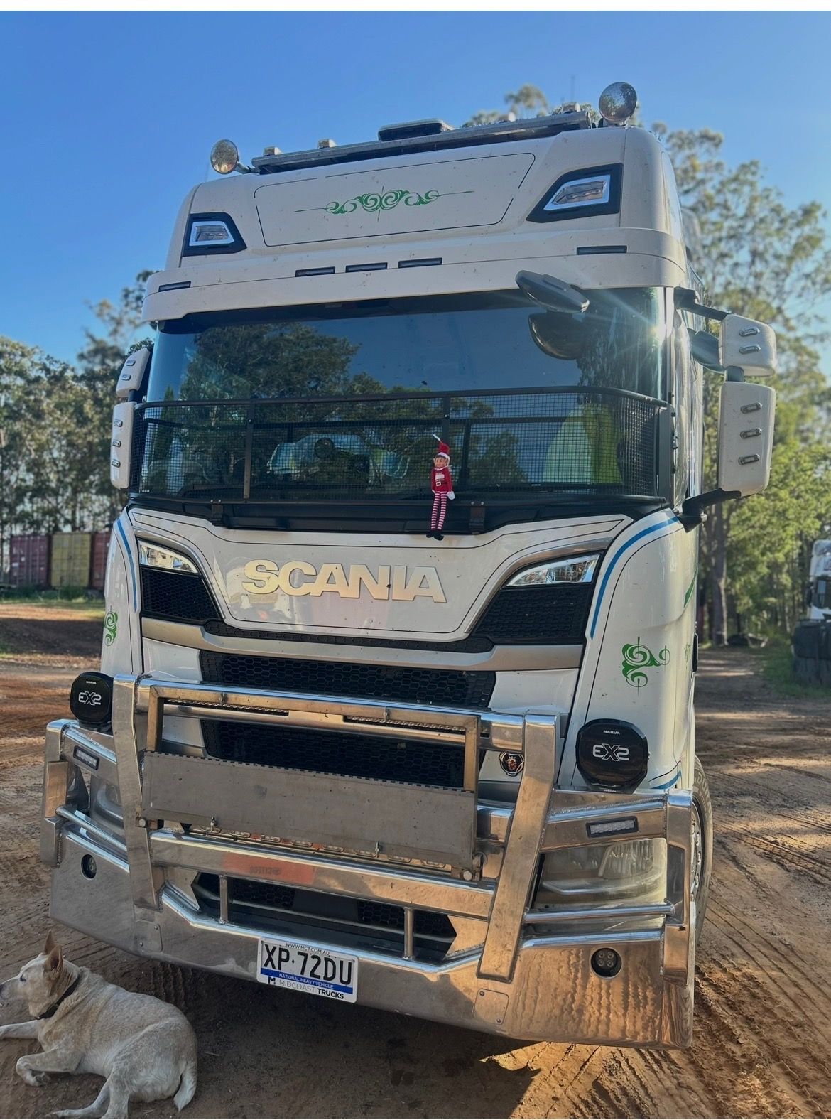 White Scania Truck Parked on Dirt Road With a Dog Lying in Front of It — Western Pacific Operations in Brisbane, QLD 
