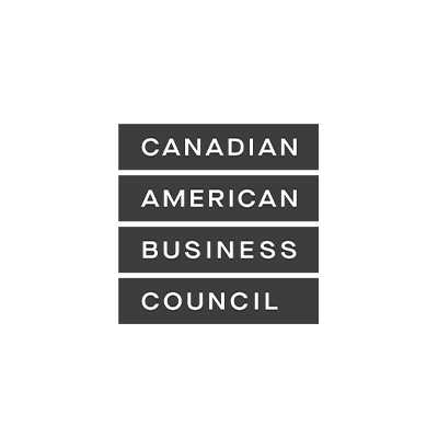 The logo for the canadian american business council is black and white.