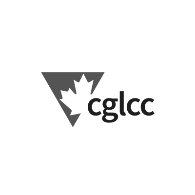 A black and white logo for cglcc with a maple leaf in a triangle.