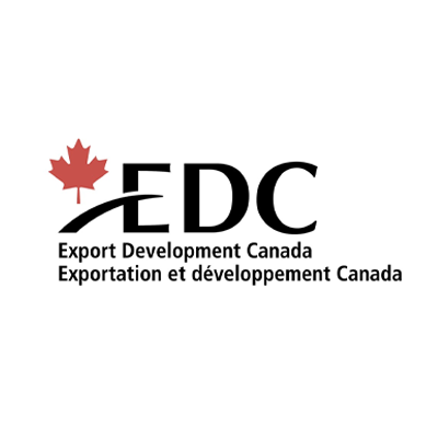 The logo for export development canada with a maple leaf on it.