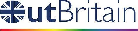 A logo for a company called out britain with a rainbow background.