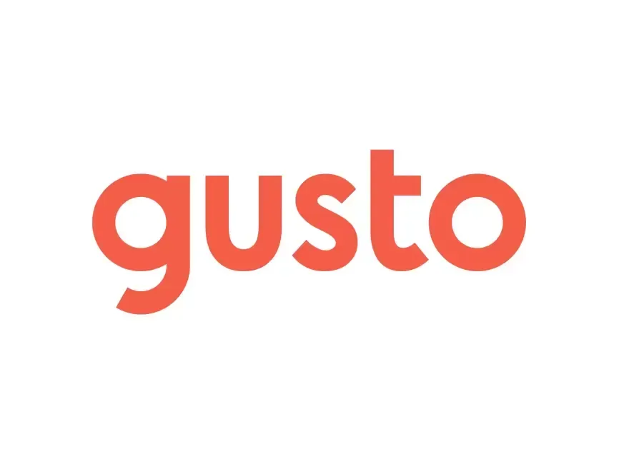 The word gusto is written in red on a white background.