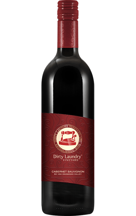 A bottle of red wine with a red label on a white background.