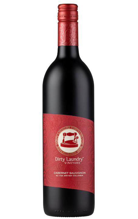 A bottle of red wine with a red label on a white background.
