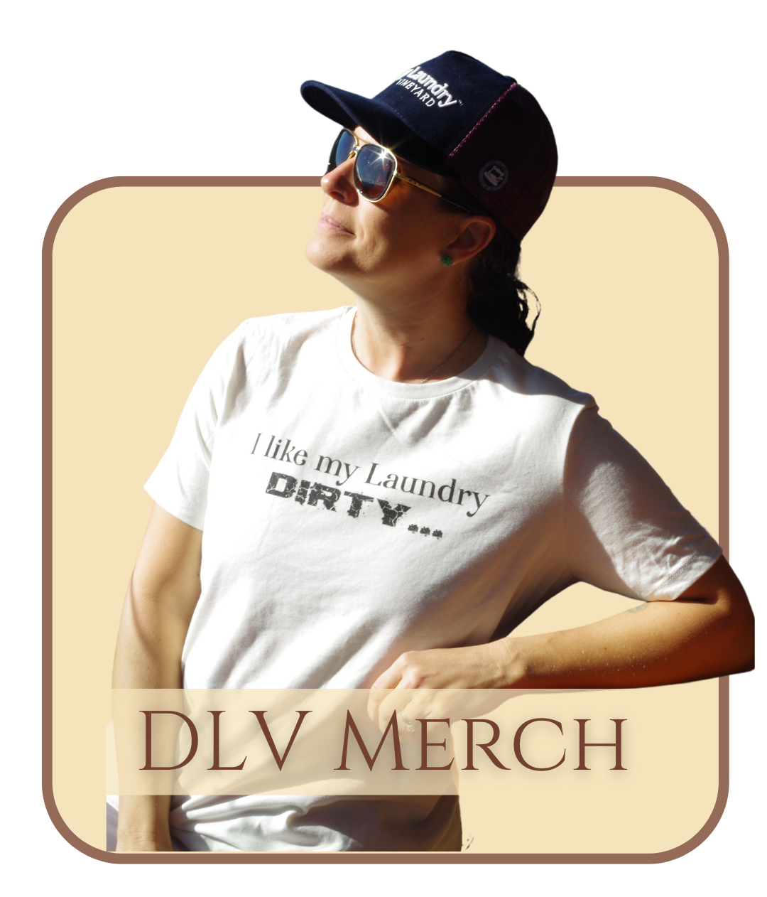 A woman wearing a shirt that says i like my laundry dirty
