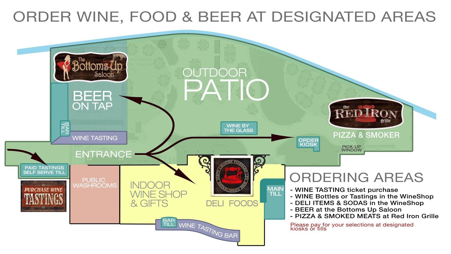 A map of a restaurant that says order wine food and beverage at designated areas