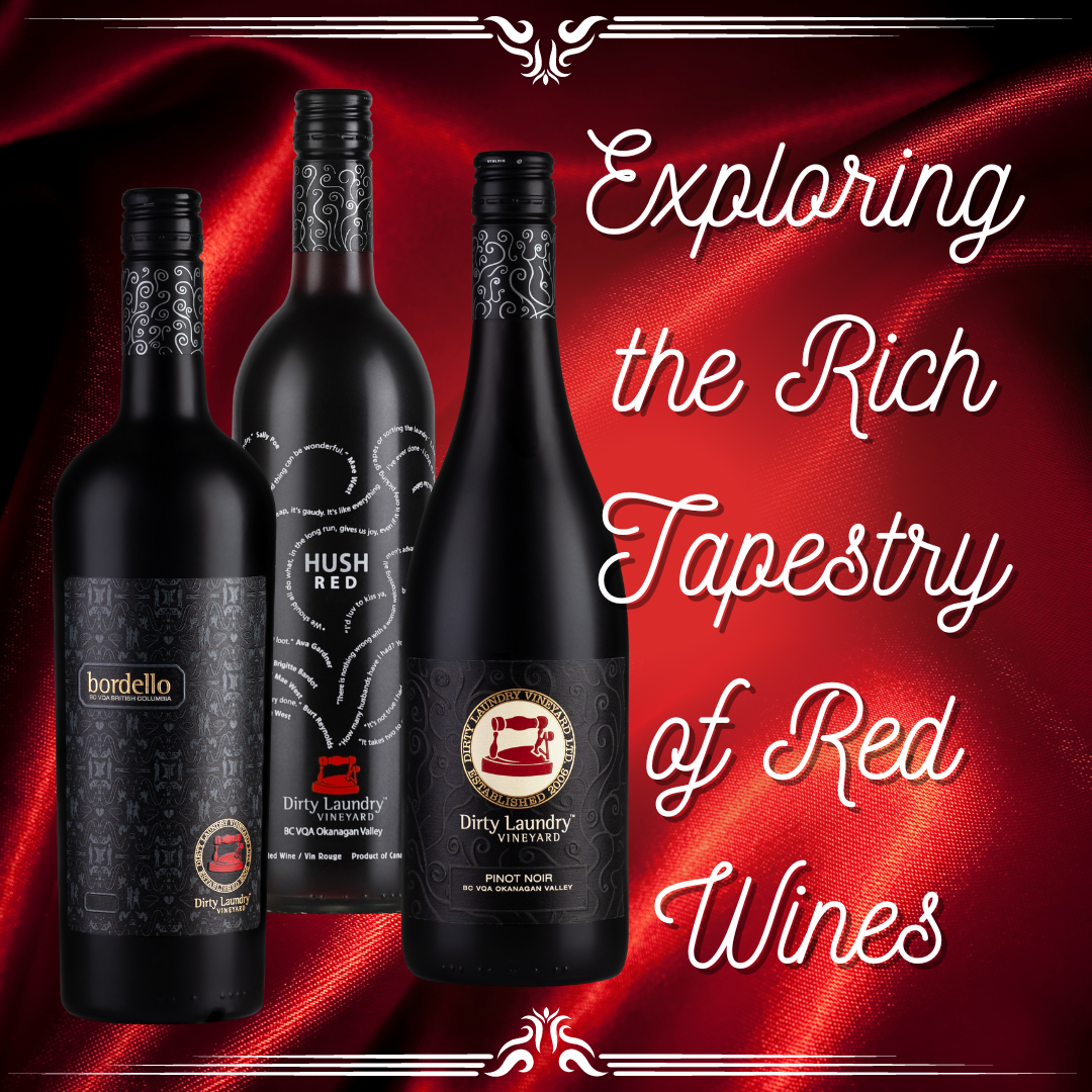 Four bottles of red wine on a red cloth with the words exploring the rich tapestry of red wines