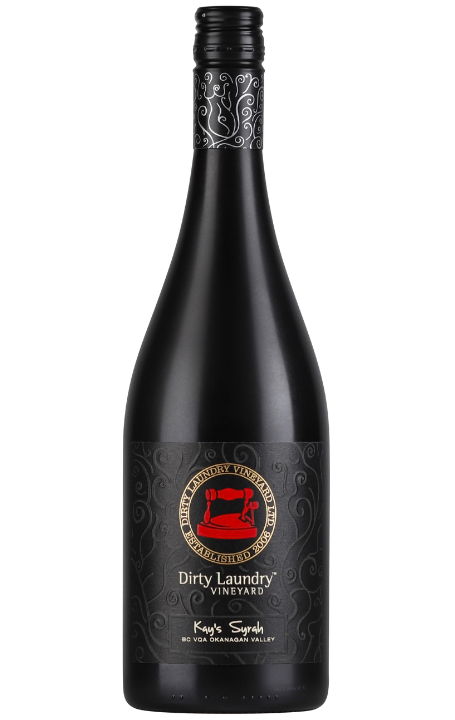 A bottle of dirty laundry red wine with a black label on a white background.