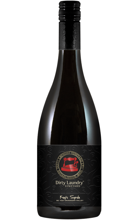 A bottle of red wine with a black label on a white background.
