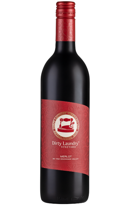 A bottle of red wine with a red label on a white background.