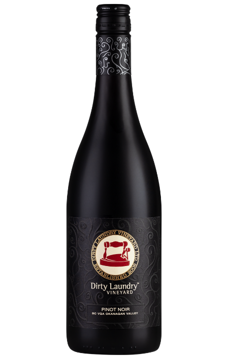 A bottle of dirty laundry wine is on a white background.
