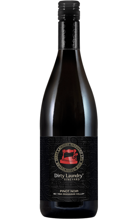 A bottle of dirty laundry pinot noir wine on a white background.