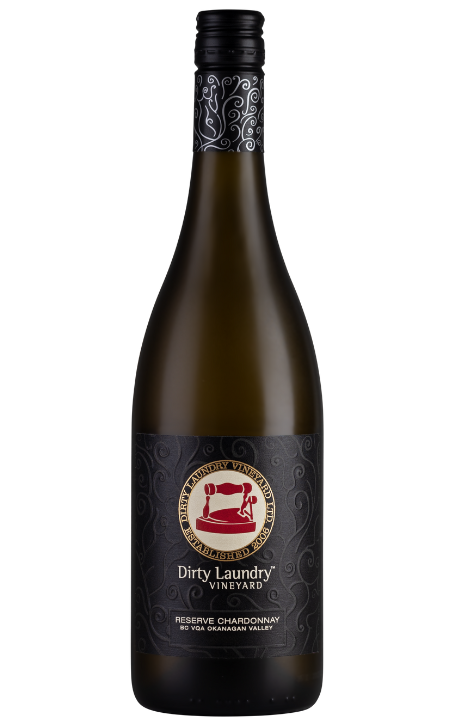 A bottle of dirty laundry wine with a sewing machine on the label.