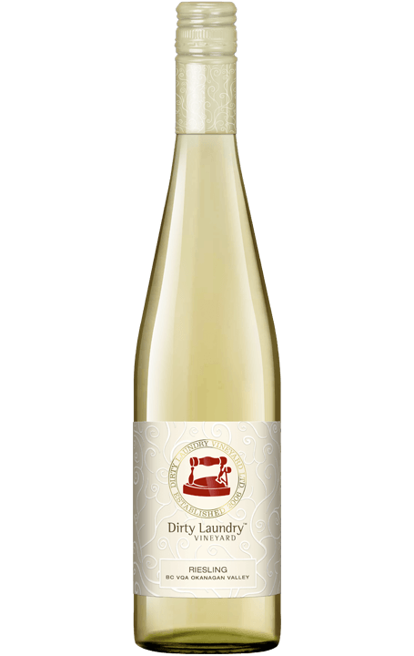 A bottle of dirty laundry white wine on a white background.