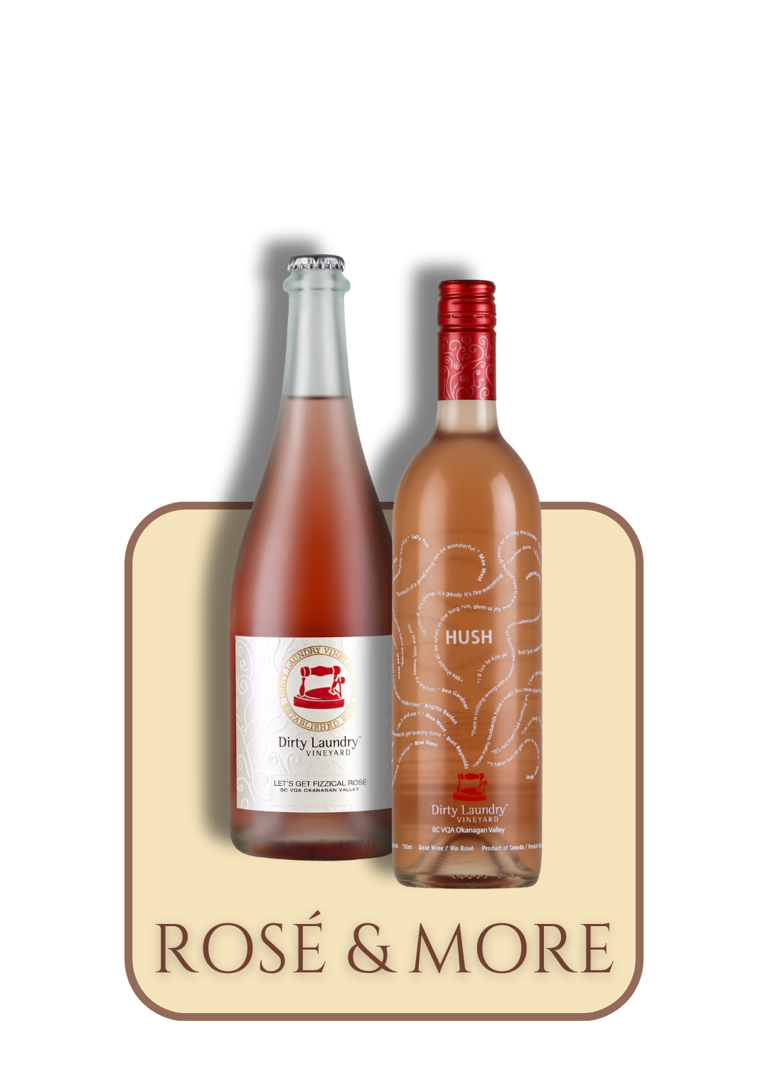 Two bottles of rosé wine are sitting next to each other on a table.