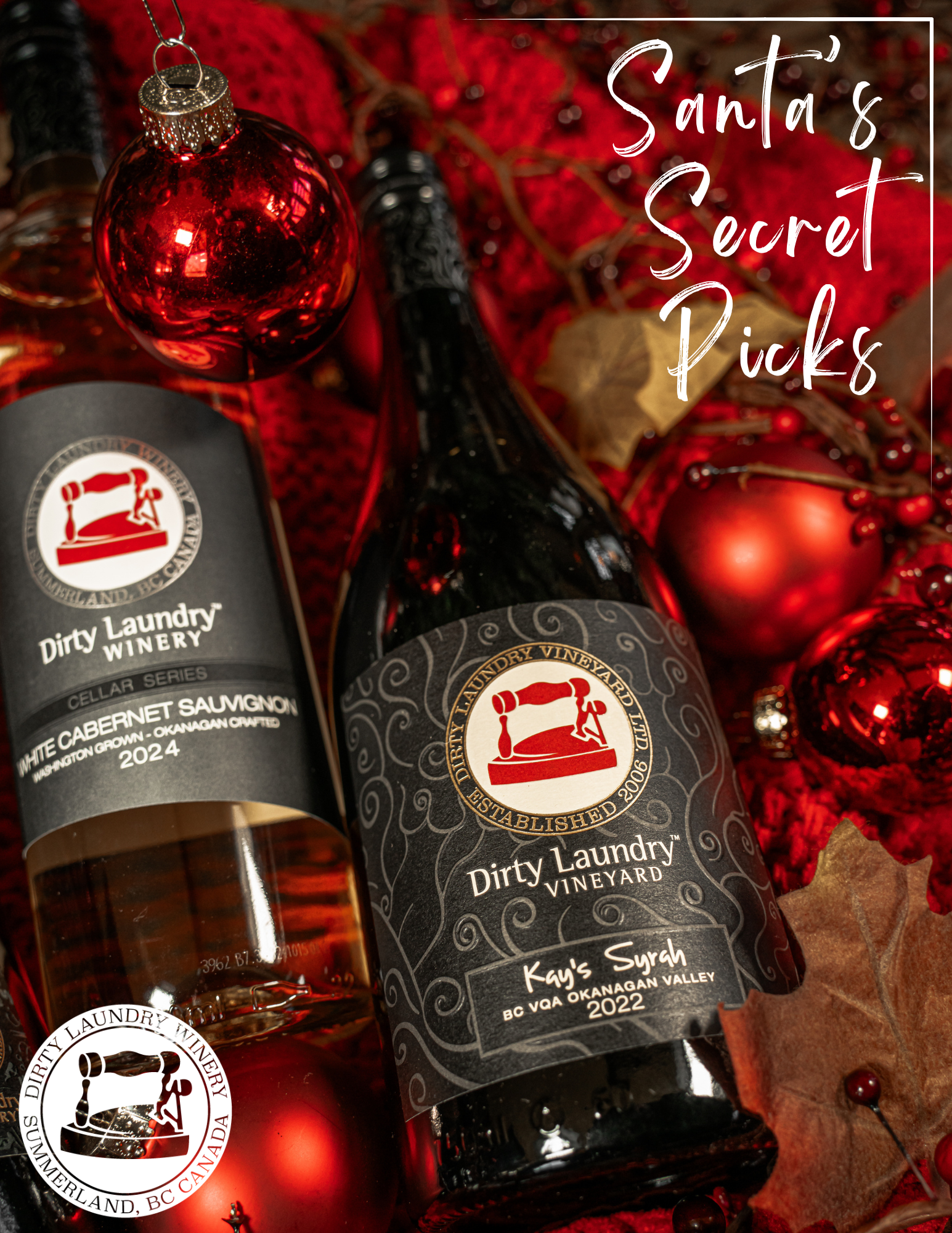 Two Dirty Laundry Winery bottles among red Christmas ornaments; text reads