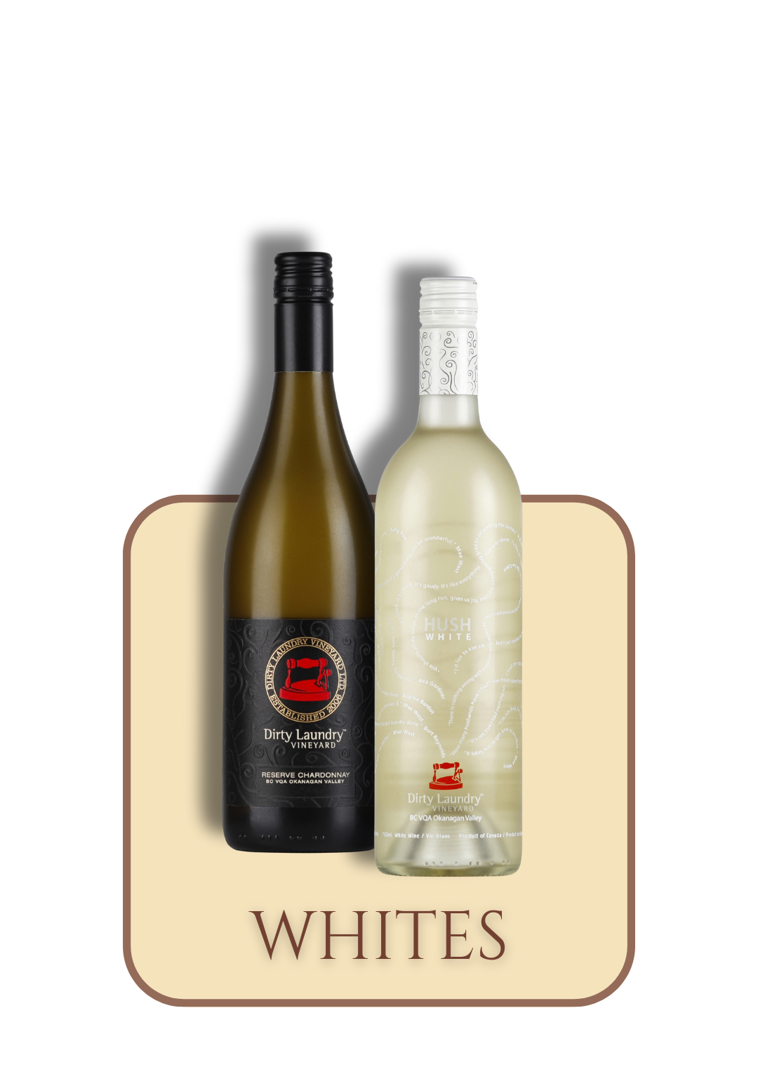 Two bottles of white wine are sitting next to each other on a white background.