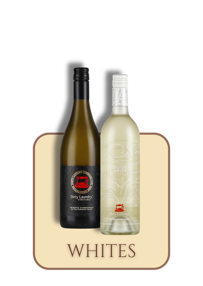 Two bottles of white wine are sitting next to each other on a white background.