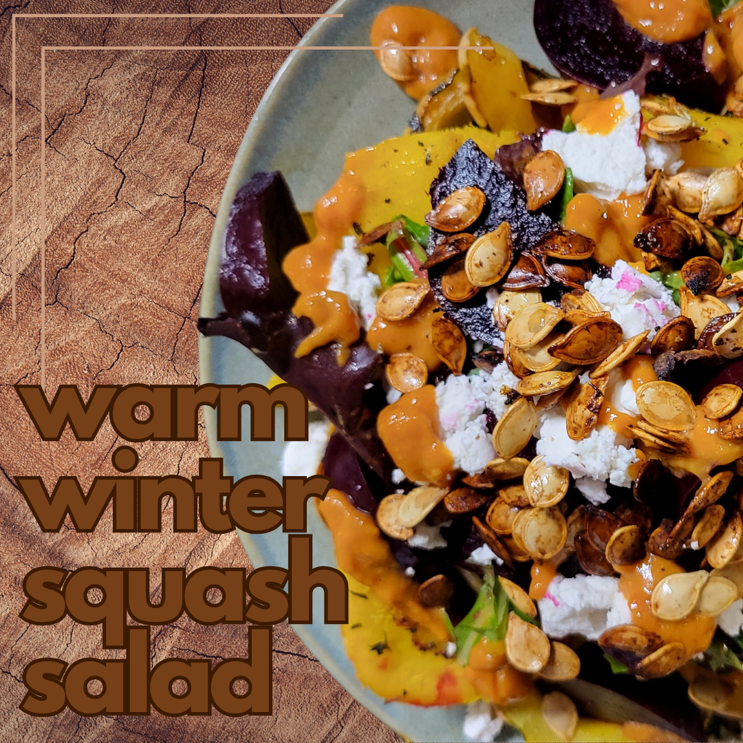 A salad with the words warm winter squash salad on it