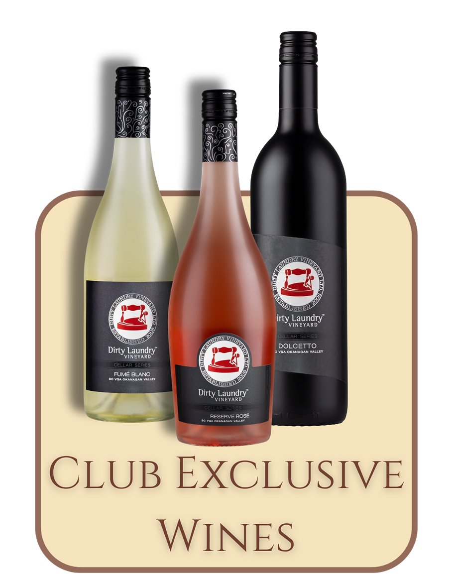 Three bottles of wine are sitting next to each other on a sign that says club exclusive wines