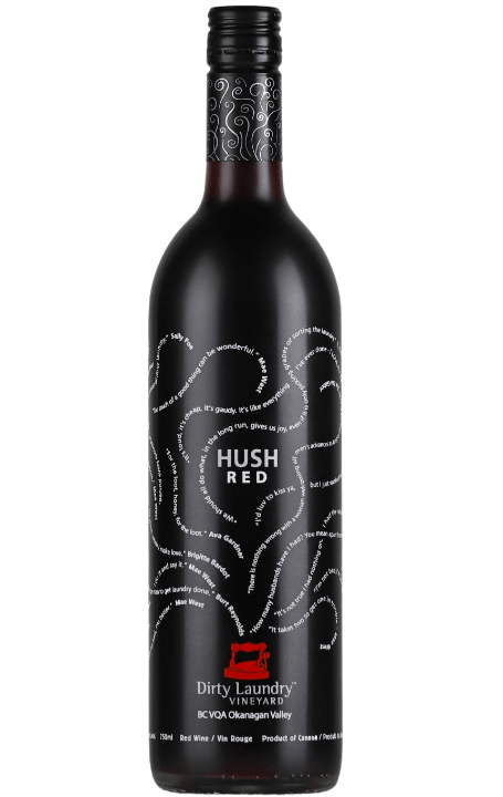 A bottle of hush red wine is on a white background.