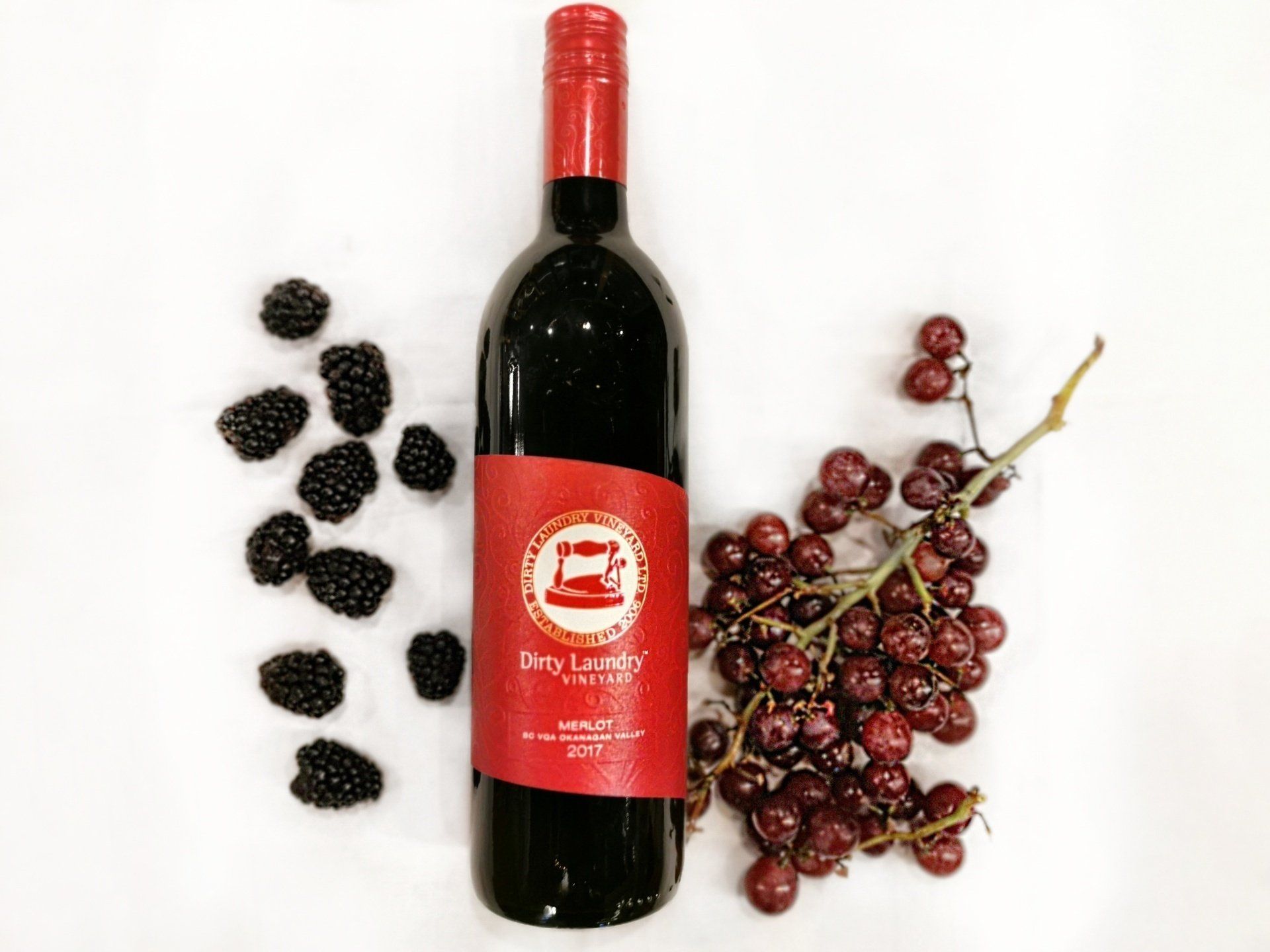 A bottle of red wine next to a bunch of grapes and blackberries