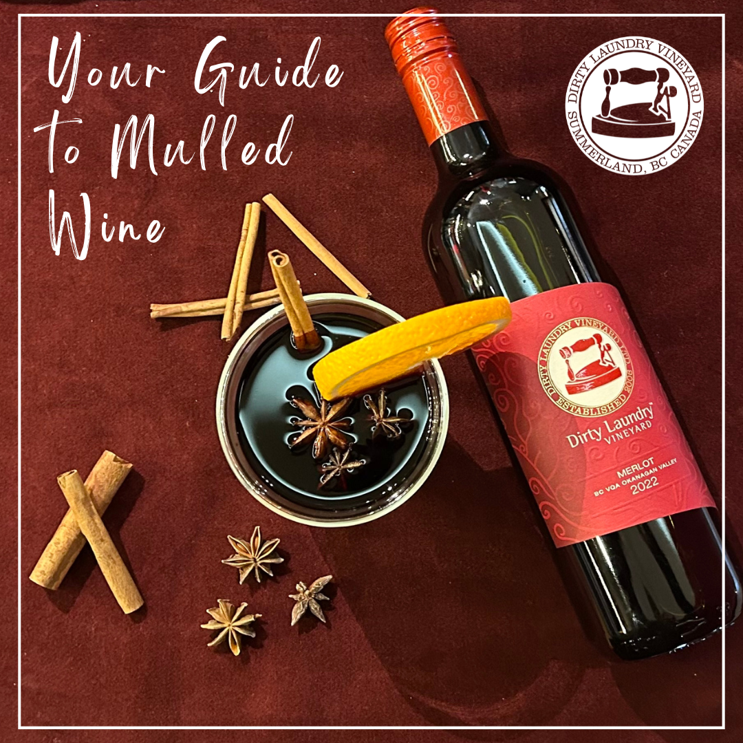 A bottle of wine next to a bowl of mulled wine
