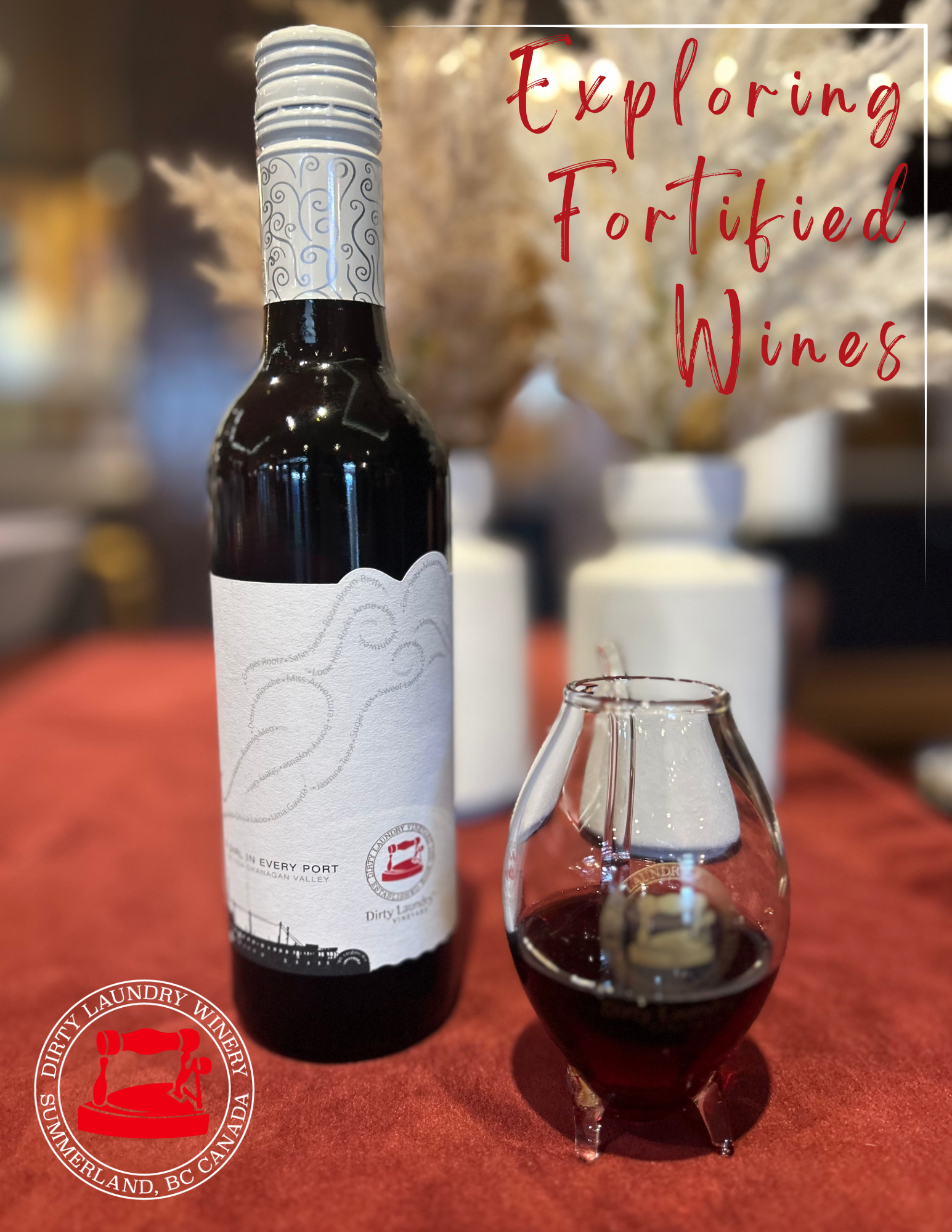 A bottle of fortified wine next to a glass of wine