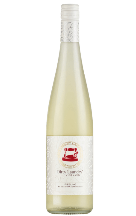A bottle of white wine with a red sewing machine on the label.
